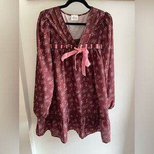 Floral Burgundy Peasant Dress with Pink Ribbon
